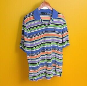 Polo Ralph Lauren Men’s Large Pima Cotton Striped Polo Shirt White Blue Classic
